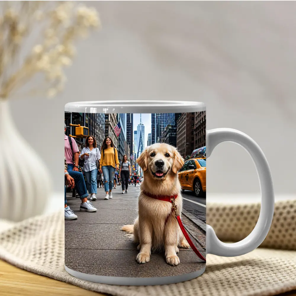 Golden Retriever Puppy Sitting New York City Street – Mugs