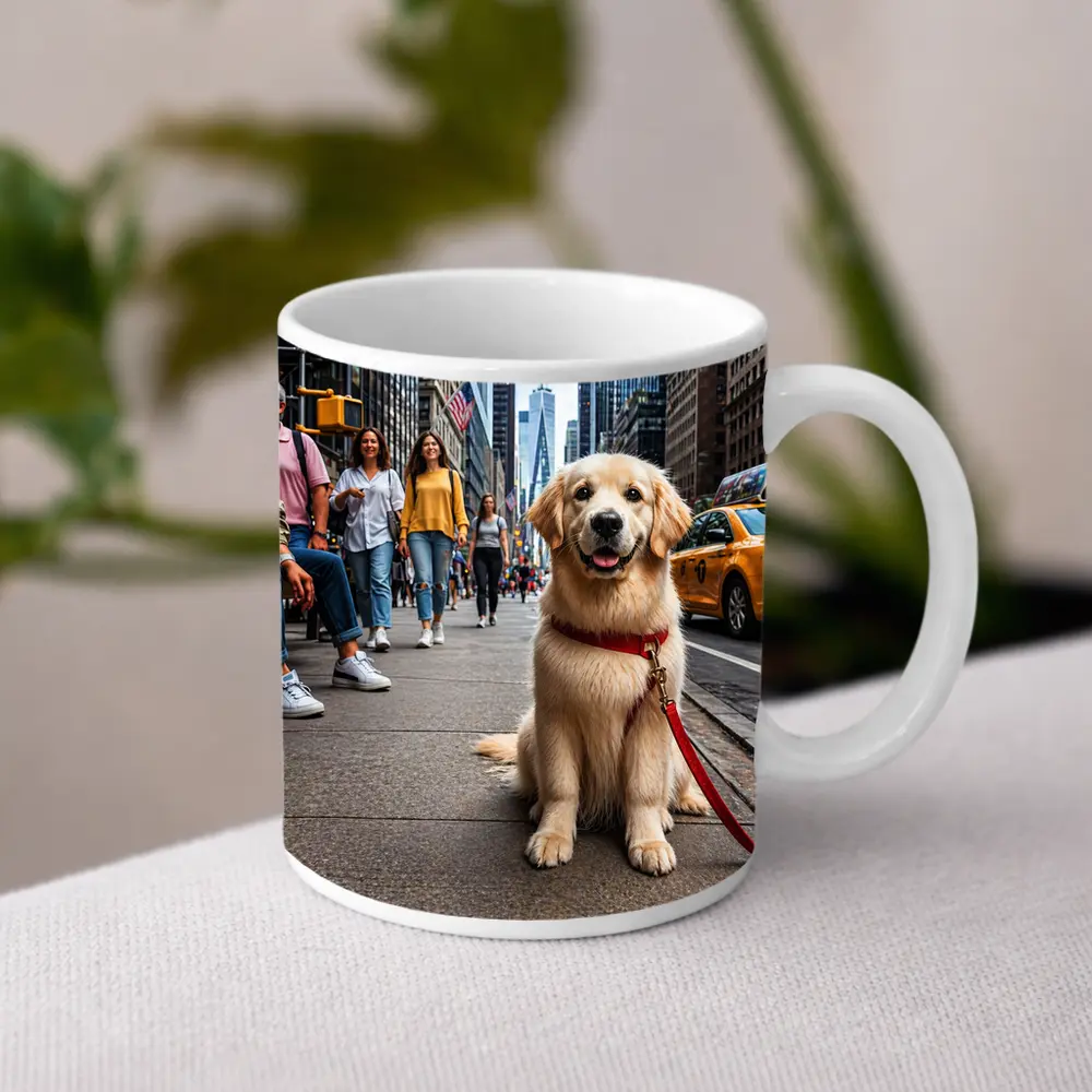 Golden Retriever Puppy Sitting New York City Street – Mugs