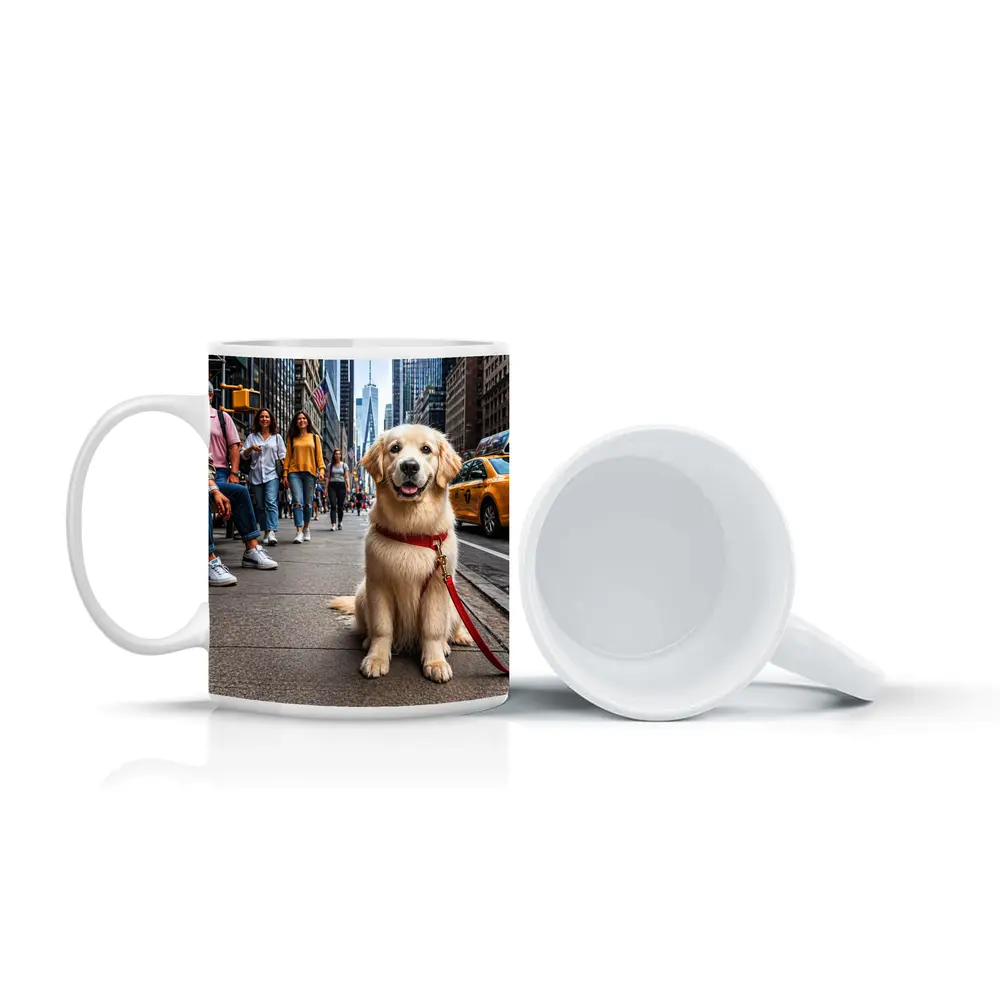 Golden Retriever Puppy Sitting New York City Street – Mugs