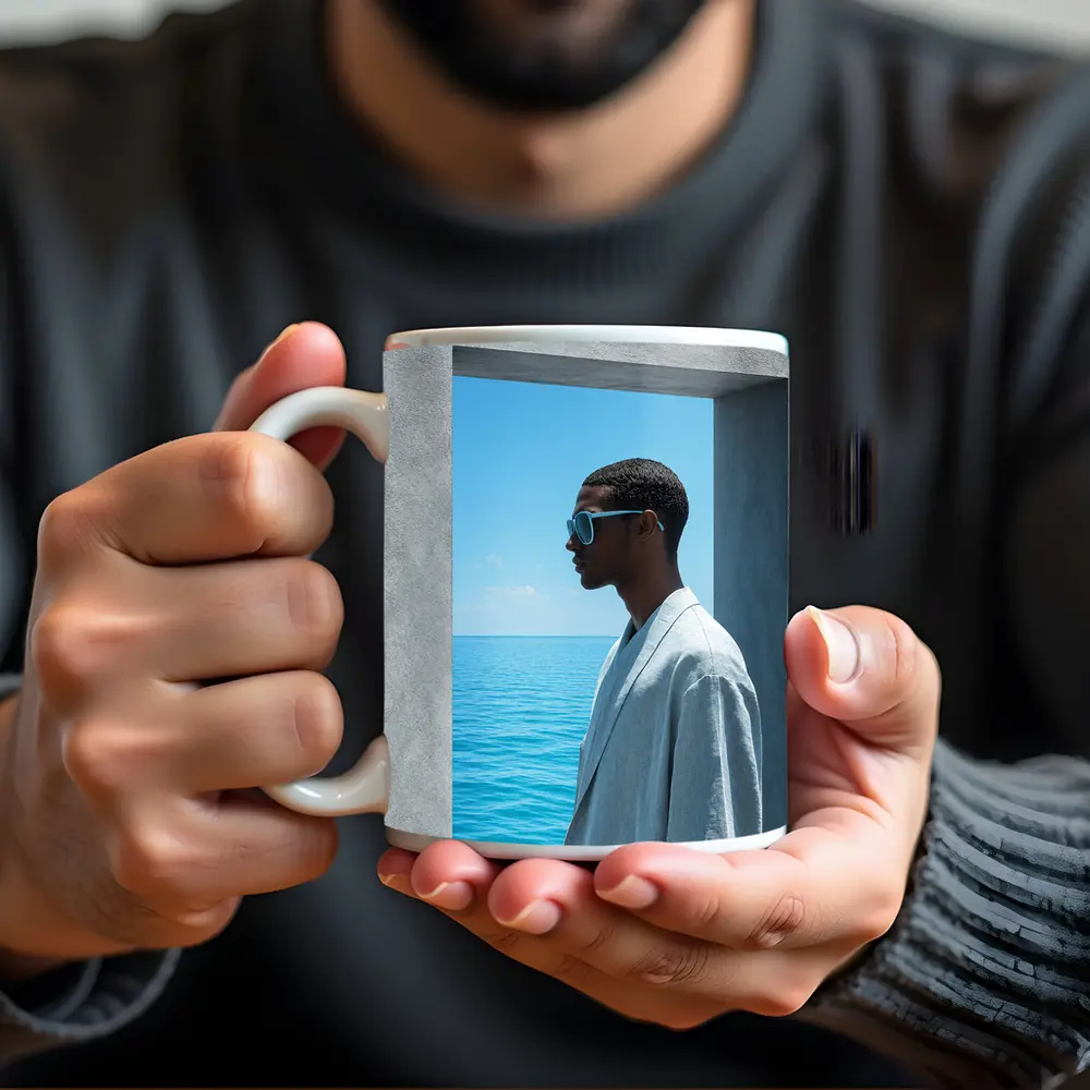 Man in Sunglasses by Ocean Doorway – Mugs