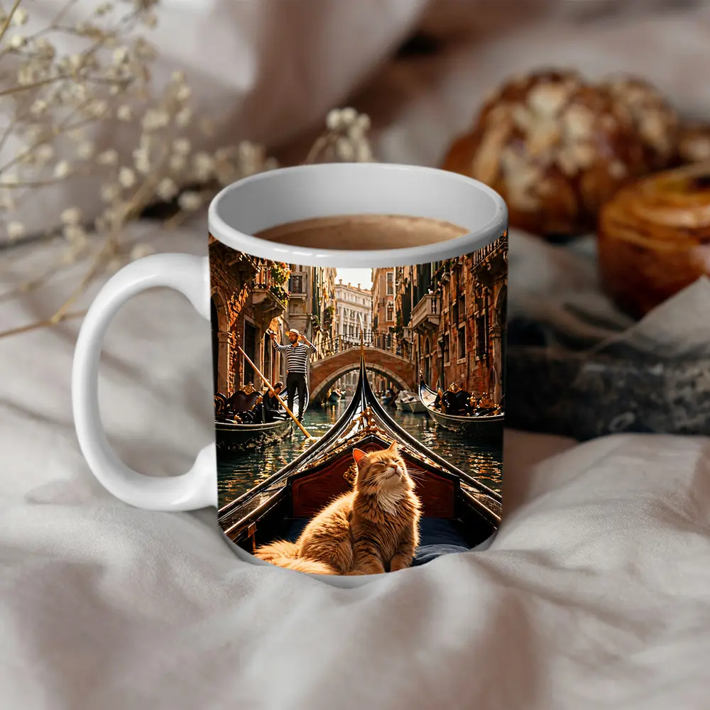 Ginger Cat Riding Gondola Venice Canal – Mugs