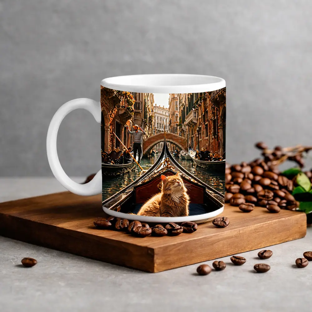Ginger Cat Riding Gondola Venice Canal – Mugs