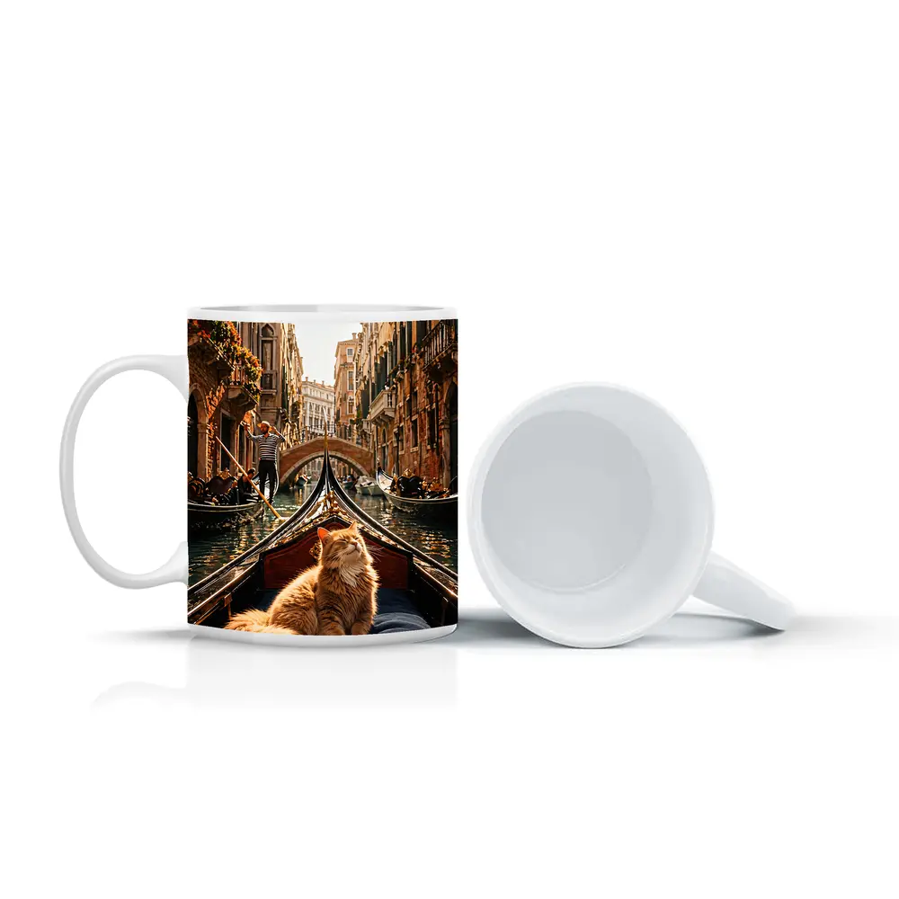 Ginger Cat Riding Gondola Venice Canal – Mugs