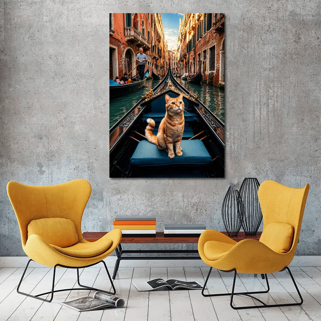 Ginger Cat Riding Gondola Venice Canal – Wall Art