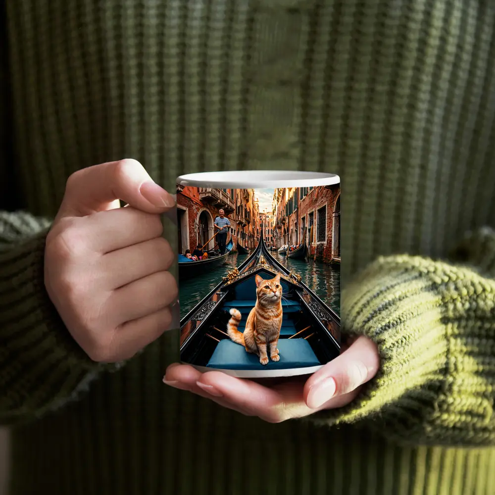 Ginger Cat Riding Gondola Venice Canal – Mugs