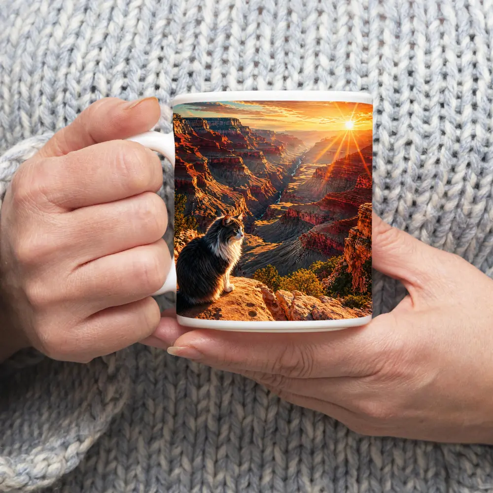Cat Sitting At Grand Canyon Sunset View – Mugs
