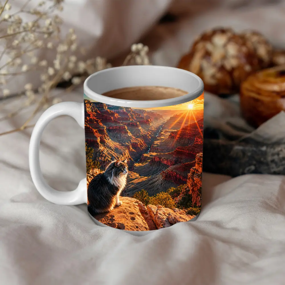 Cat Sitting At Grand Canyon Sunset View – Mugs