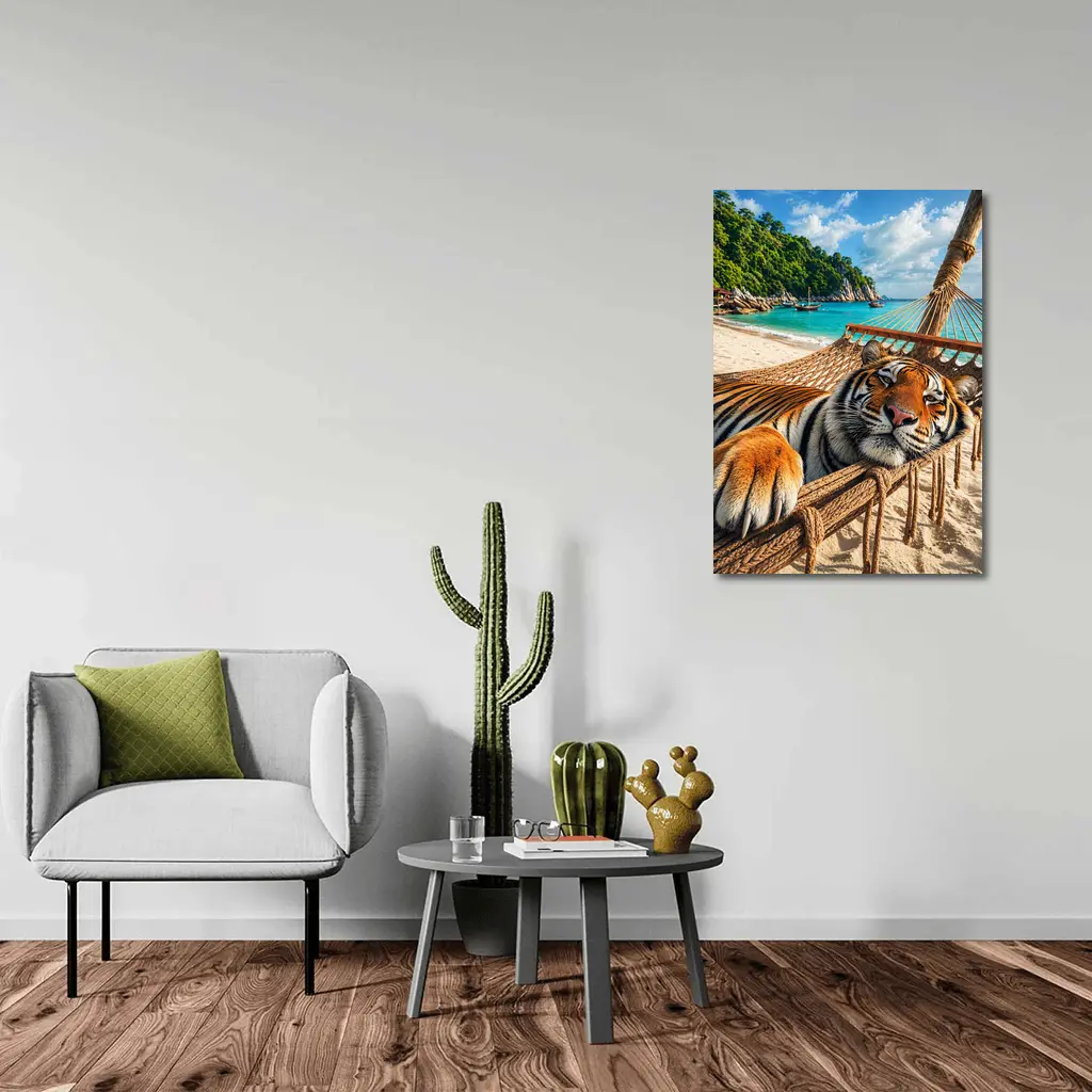 Tiger Relaxing in Hammock Tropical Beach – Wall Art