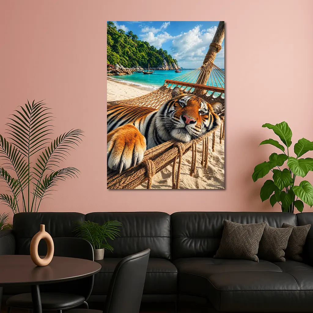 Tiger Relaxing in Hammock Tropical Beach – Wall Art