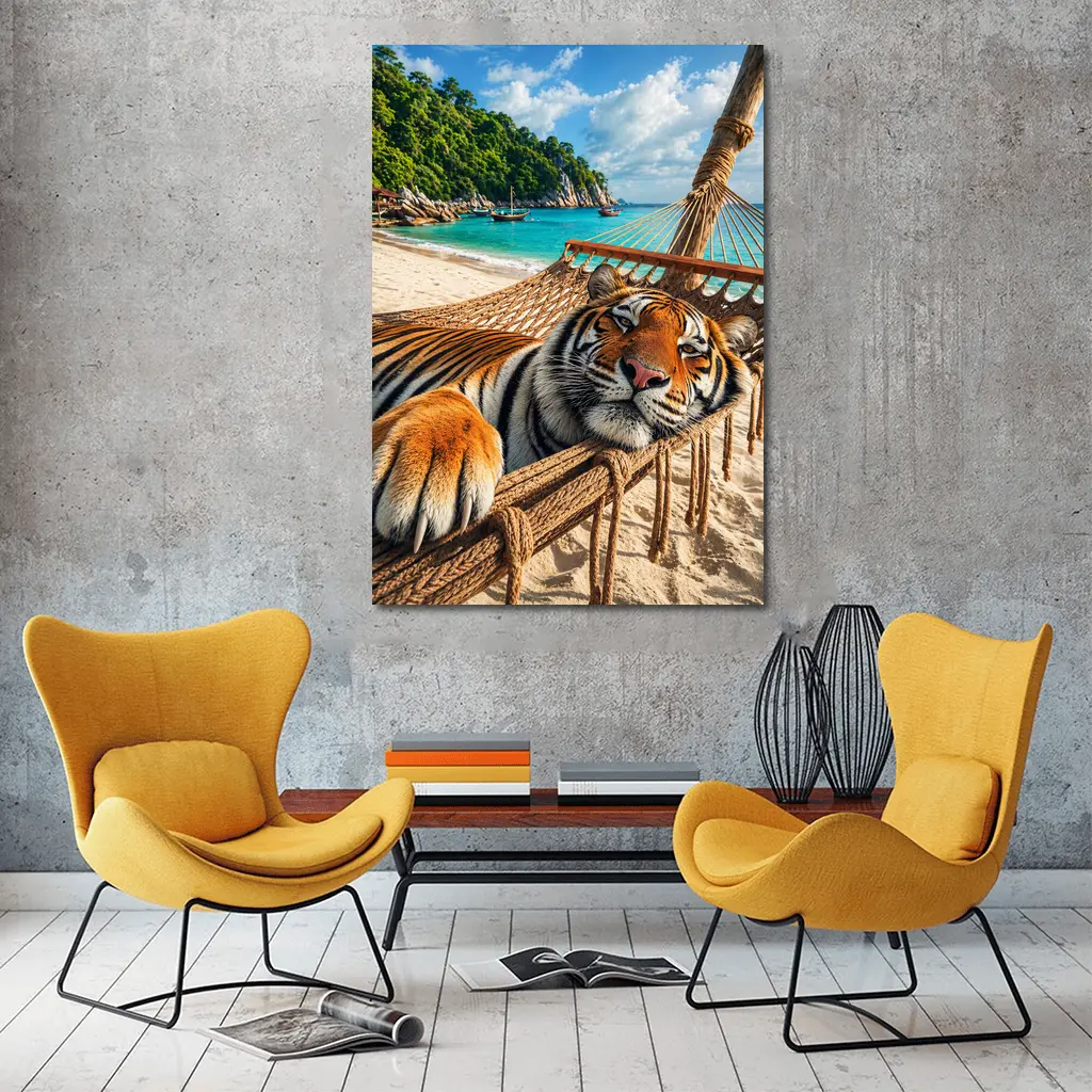 Tiger Relaxing in Hammock Tropical Beach – Wall Art