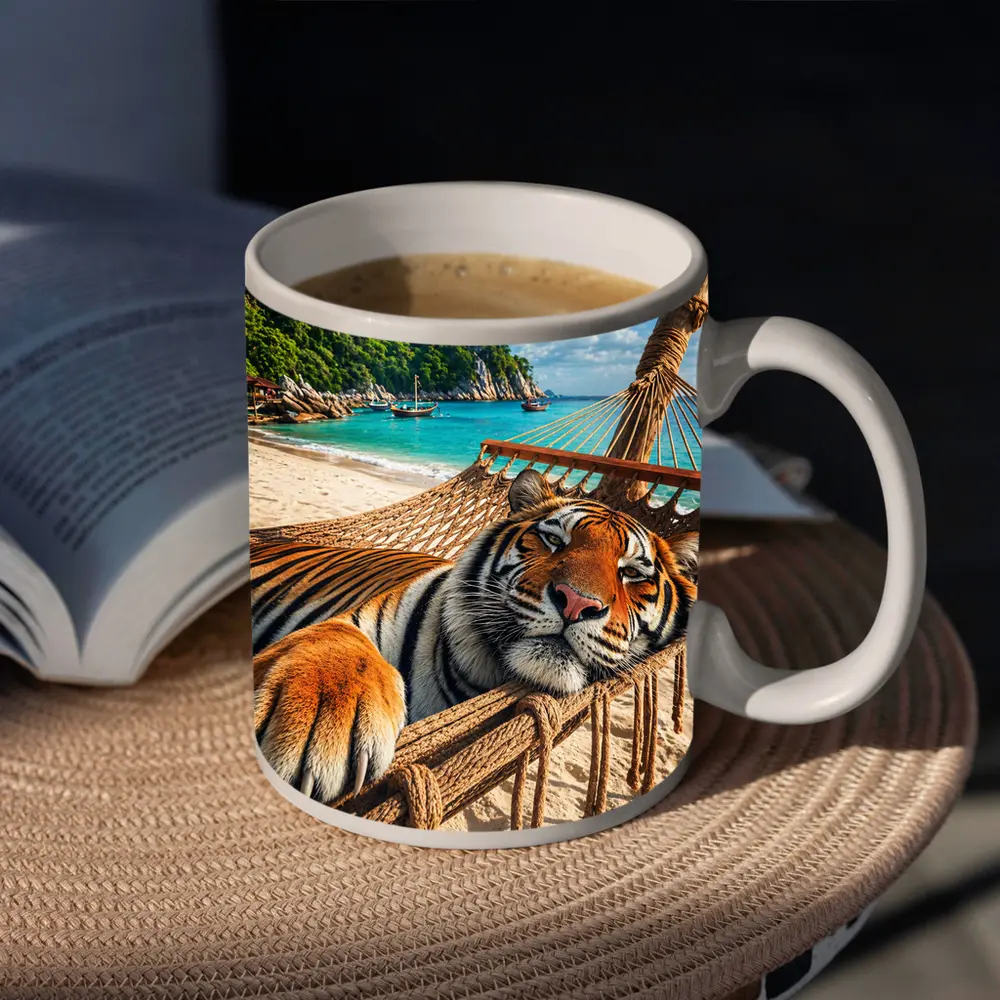 Tiger Relaxing in Hammock Tropical Beach – Mugs