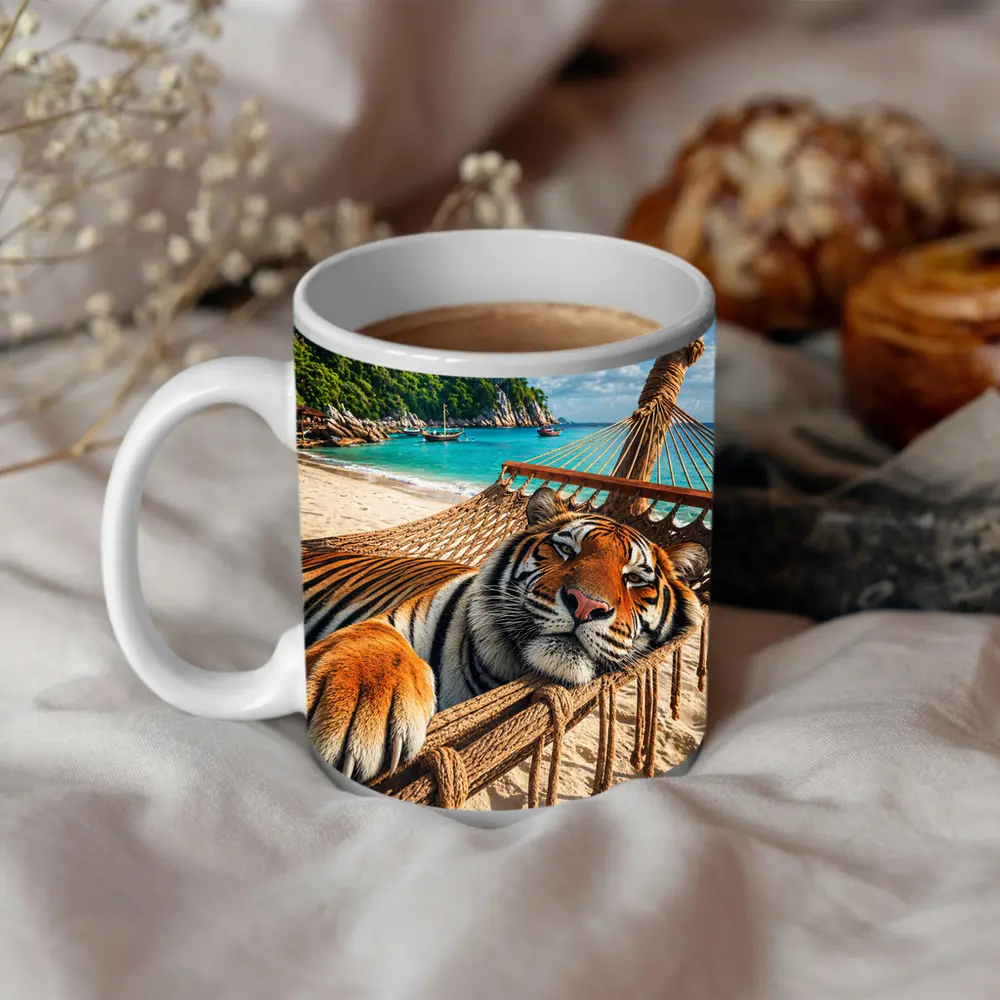 Tiger Relaxing in Hammock Tropical Beach – Mugs