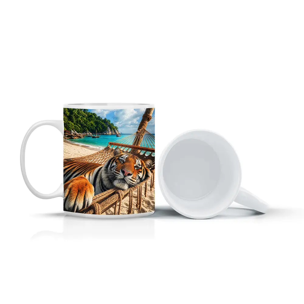 Tiger Relaxing in Hammock Tropical Beach – Mugs