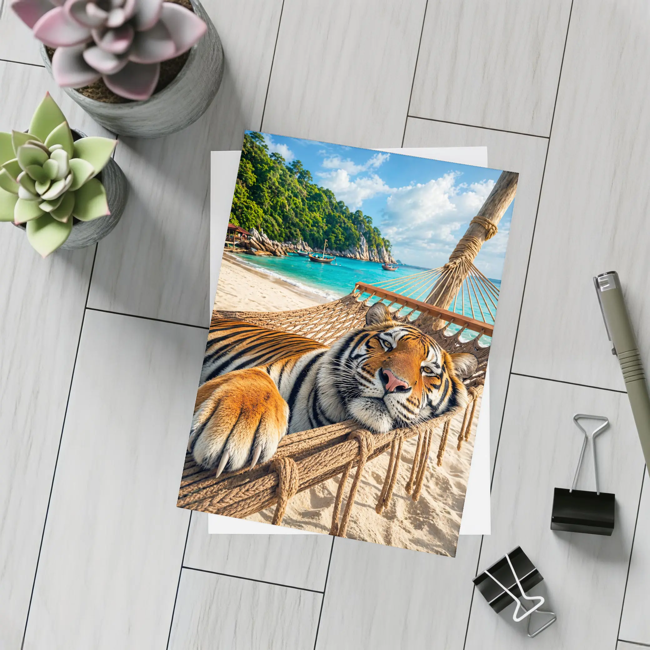 Tiger Relaxing in Hammock Tropical Beach – Postcards