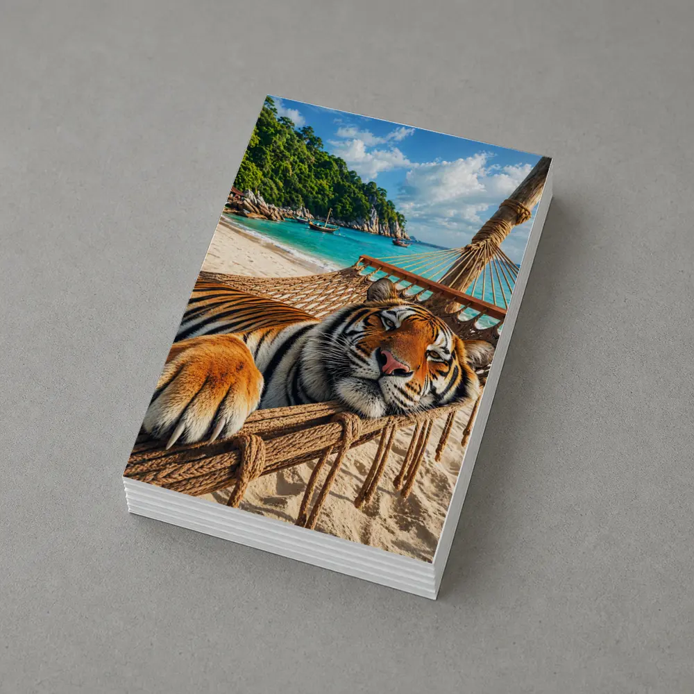 Tiger Relaxing in Hammock Tropical Beach – Postcards