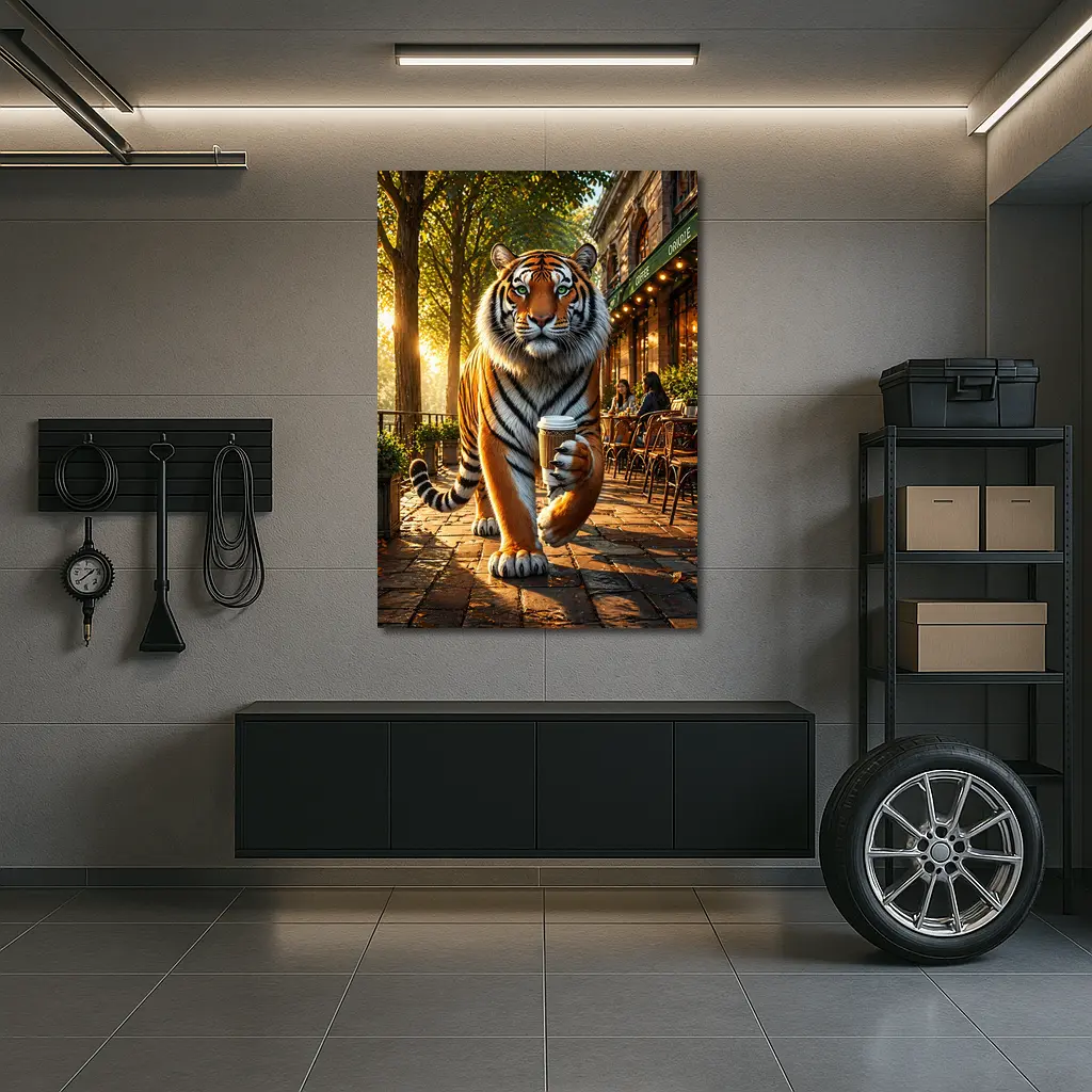 Tiger Holding Coffee Cup Cafe Street – Wall Art
