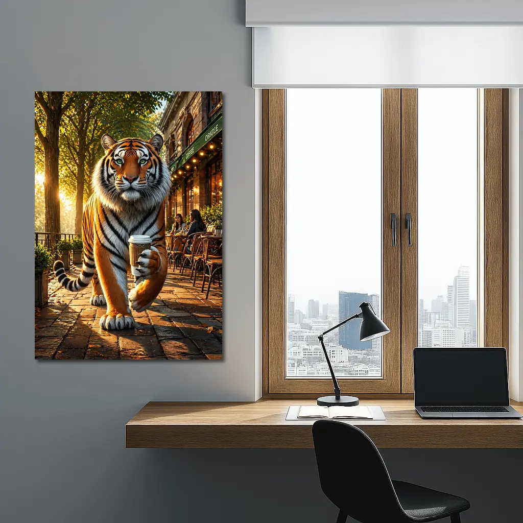 Tiger Holding Coffee Cup Cafe Street – Wall Art