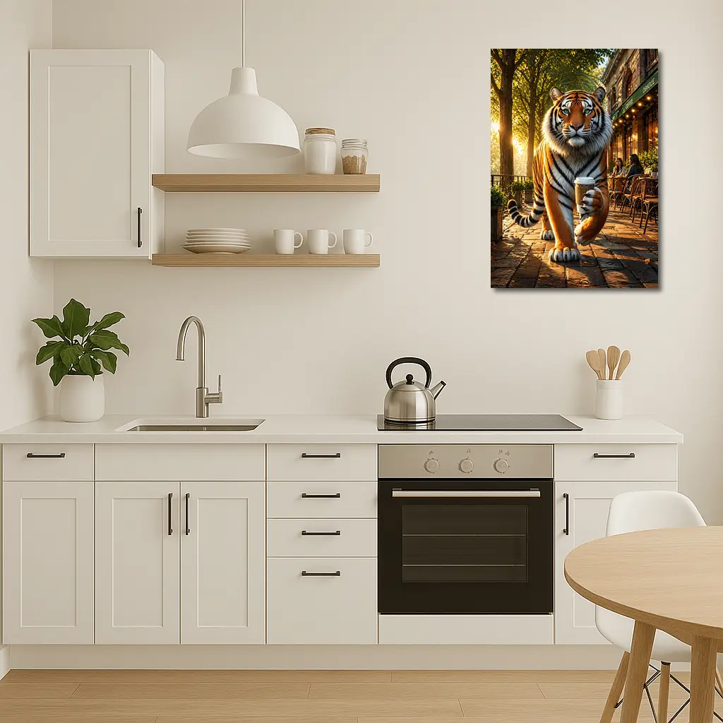Tiger Holding Coffee Cup Cafe Street – Wall Art