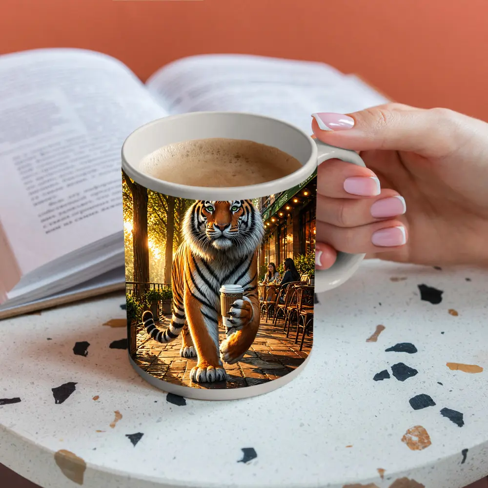 Tiger Holding Coffee Cup Cafe Street – Mugs