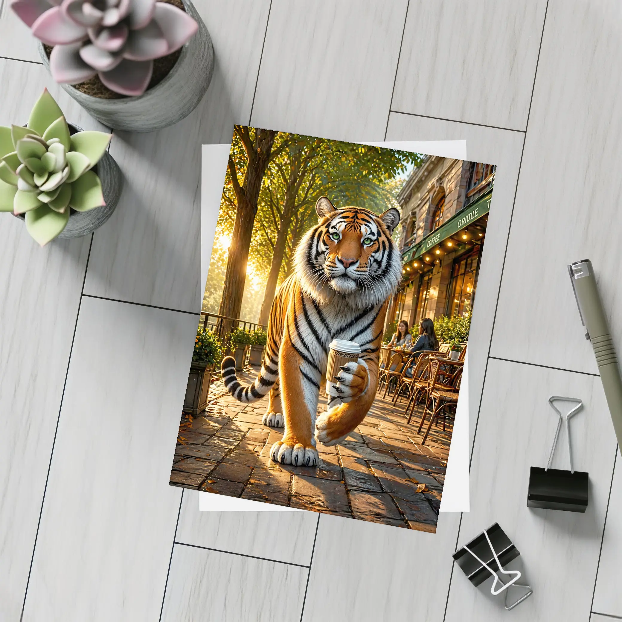 Tiger Holding Coffee Cup Cafe Street – Postcards