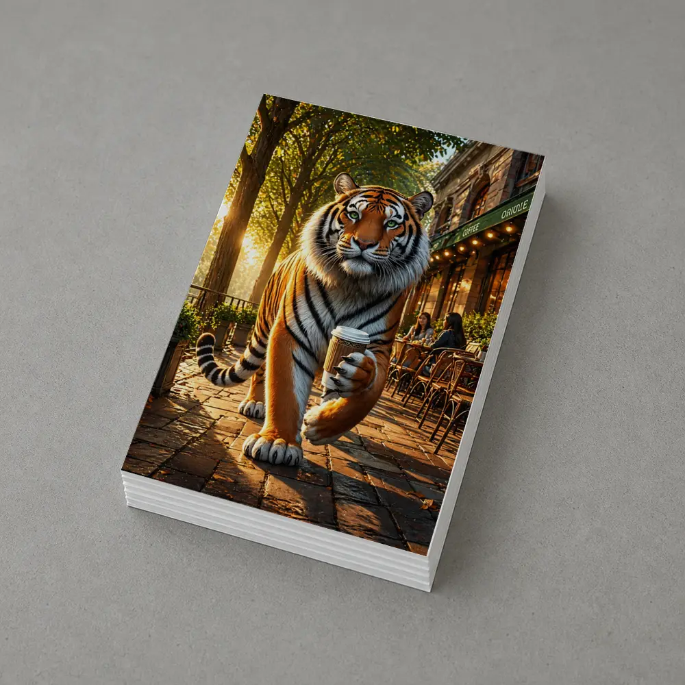 Tiger Holding Coffee Cup Cafe Street – Postcards