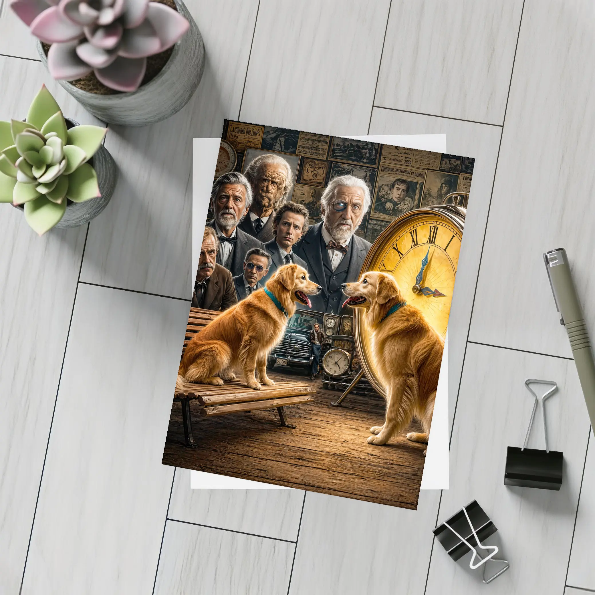Golden Retrievers Men Vintage Clock Scene – Postcards