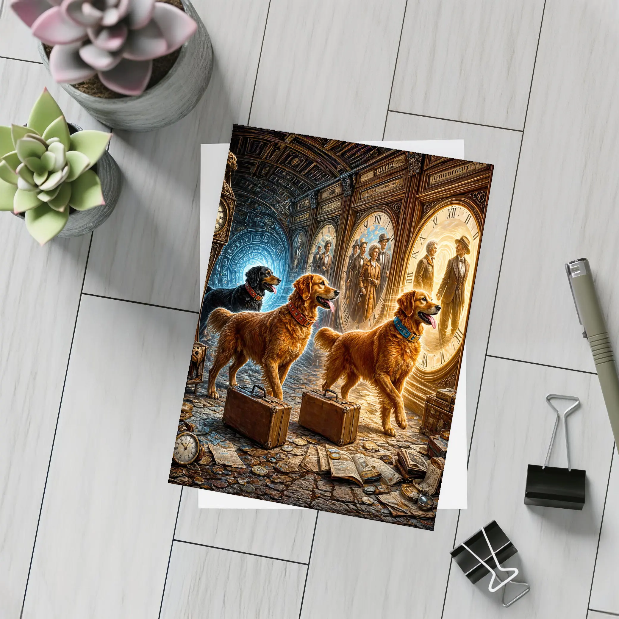 Golden Retrievers Time Travel Steampunk Adventure – Postcards
