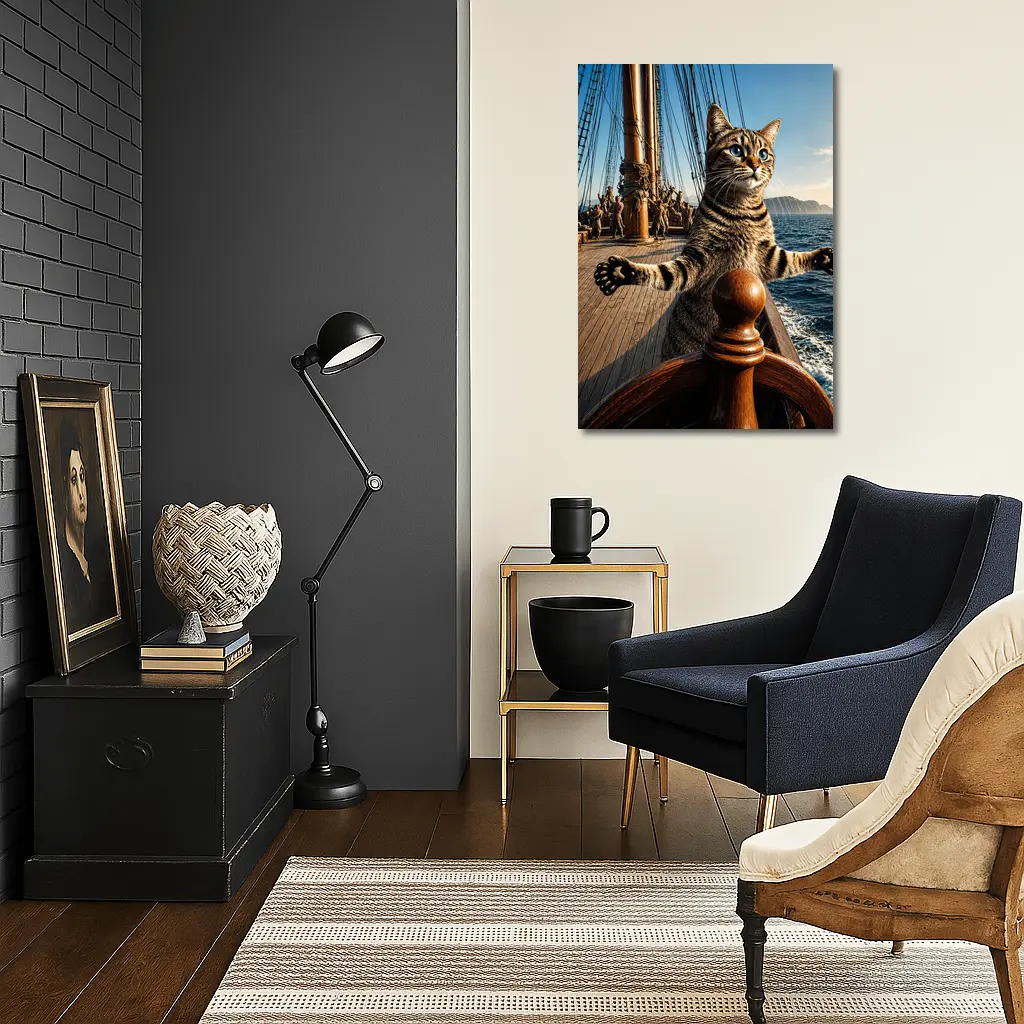 Tabby Cat Steering Ship On Ocean – Wall Art