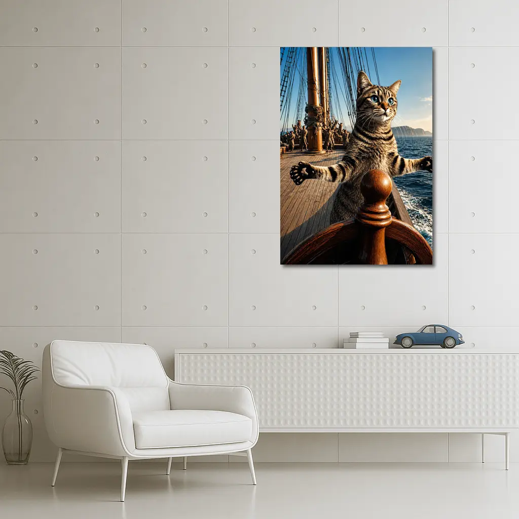 Tabby Cat Steering Ship On Ocean – Wall Art