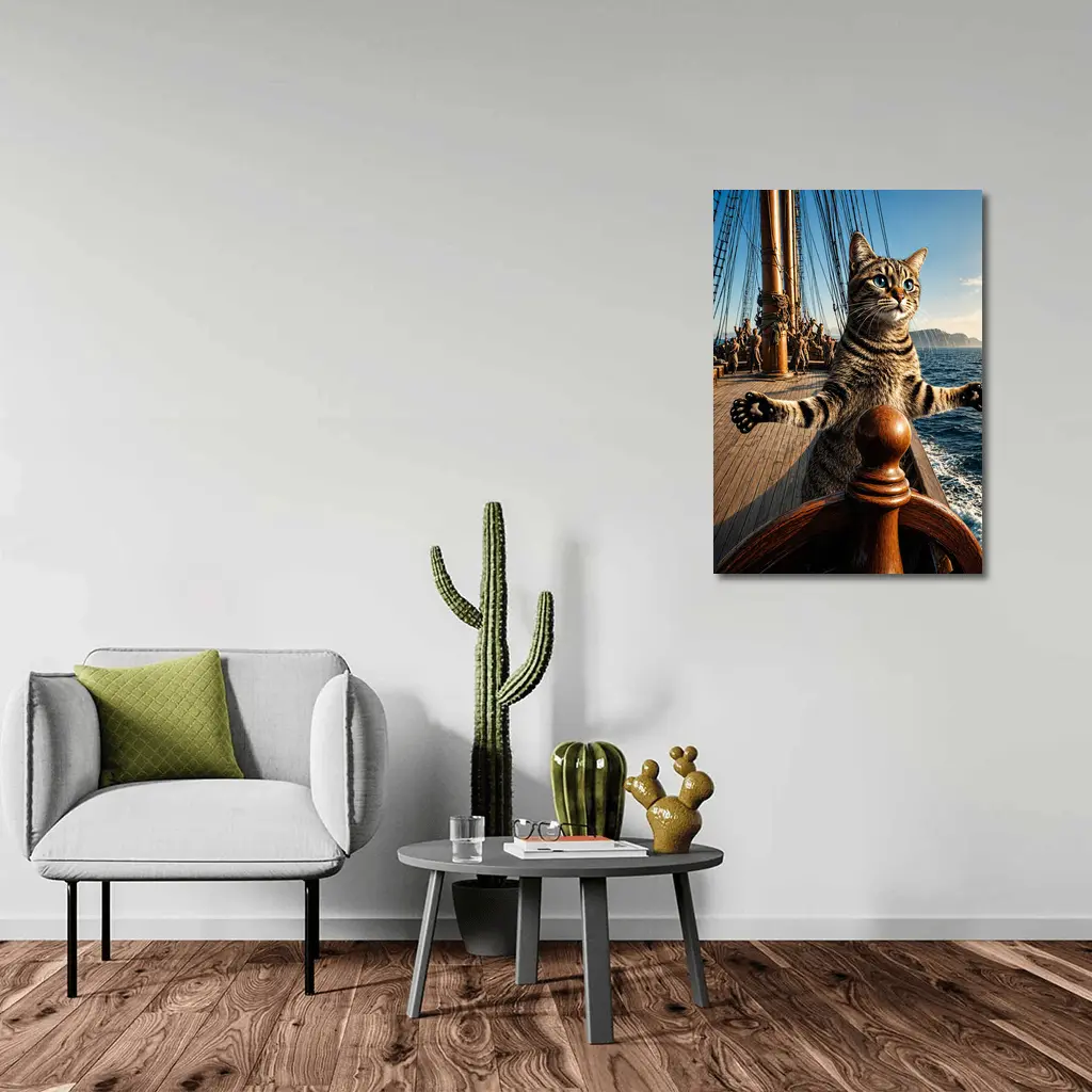 Tabby Cat Steering Ship On Ocean – Wall Art