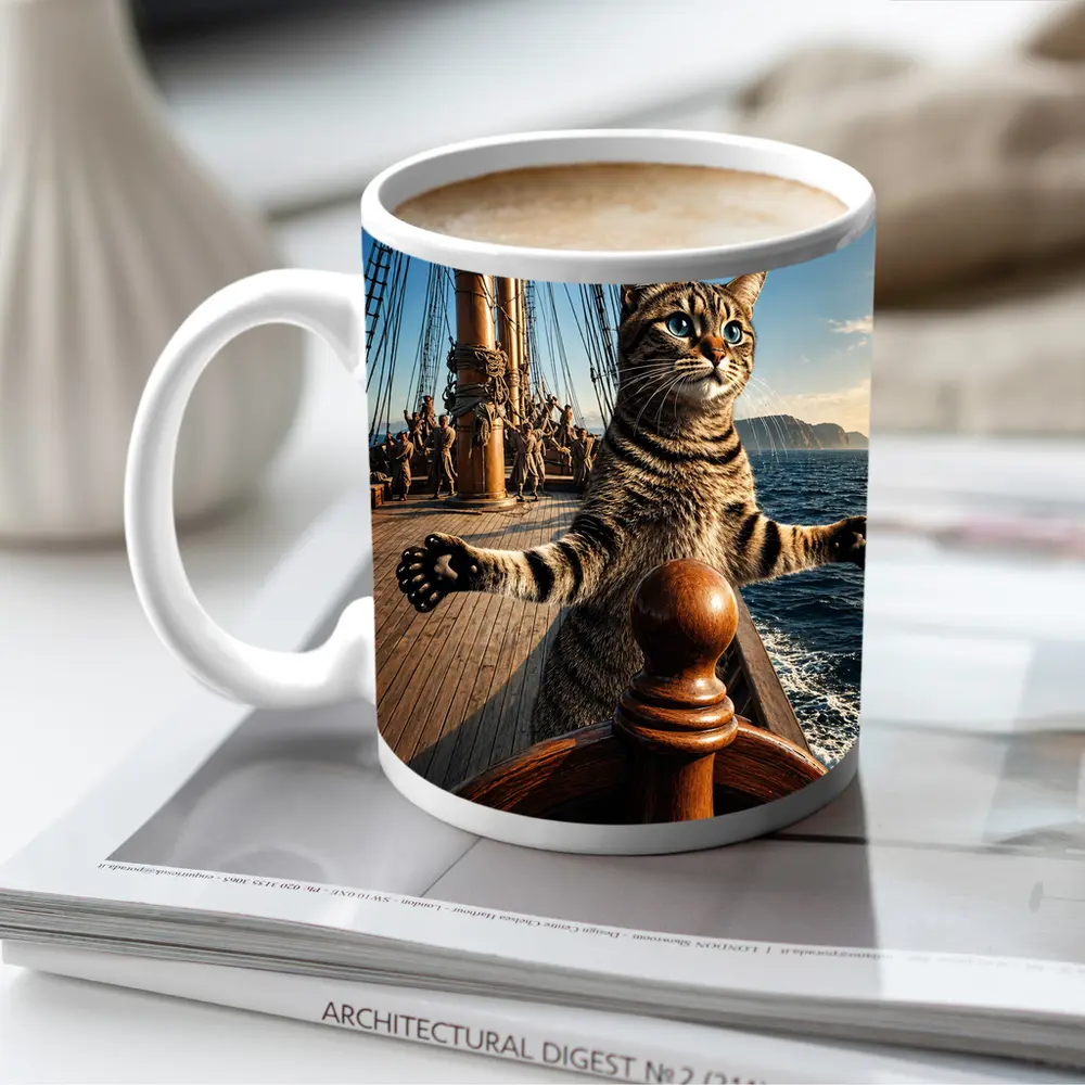 Tabby Cat Steering Ship On Ocean – Mugs