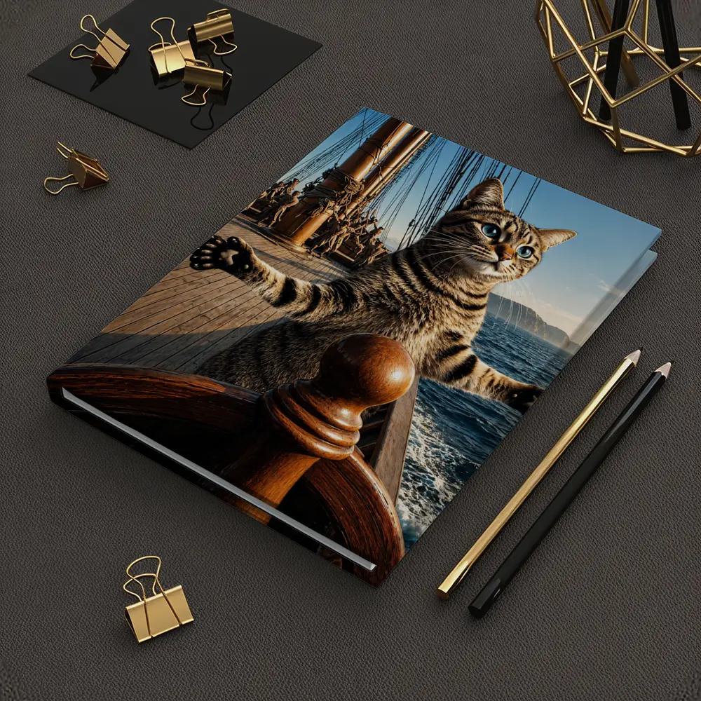 Tabby Cat Steering Ship On Ocean – Notebooks