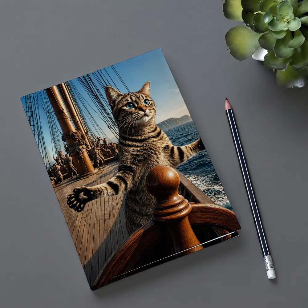 Tabby Cat Steering Ship On Ocean – Notebooks
