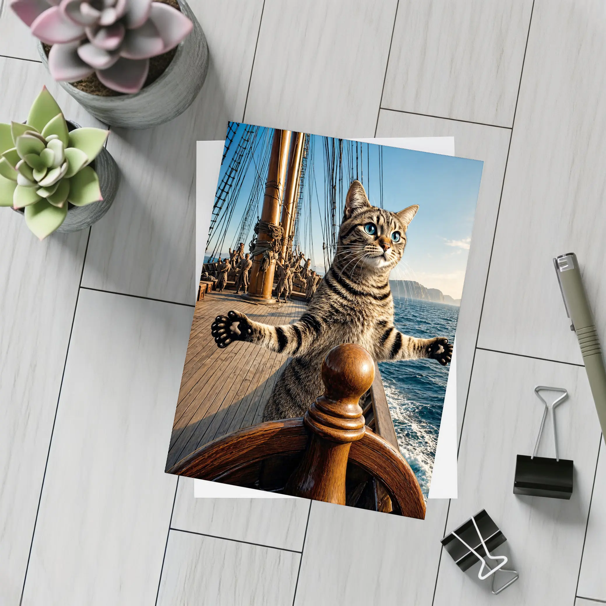 Tabby Cat Steering Ship On Ocean – Postcards