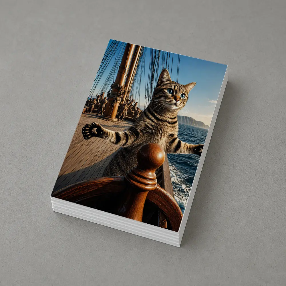 Tabby Cat Steering Ship On Ocean – Postcards