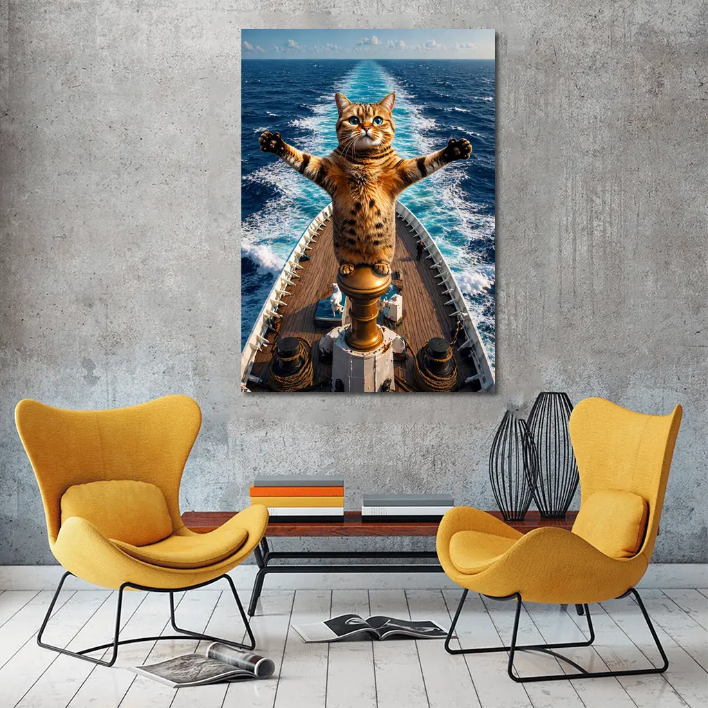 Bengal Cat Standing on Ship Bow Ocean – Wall Art