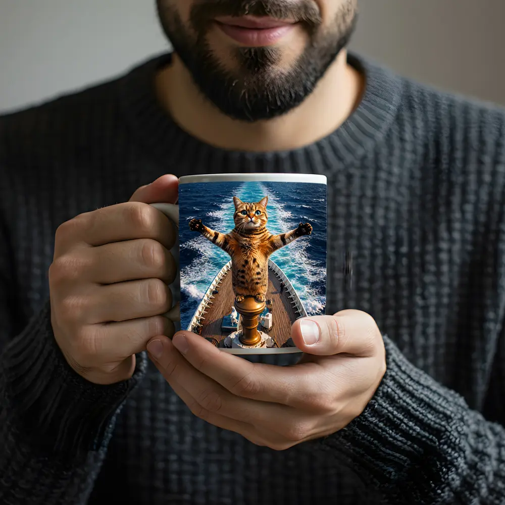 Bengal Cat Standing on Ship Bow Ocean – Mugs