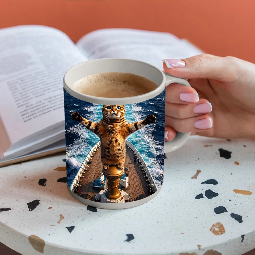 Bengal Cat Standing on Ship Bow Ocean – Mugs