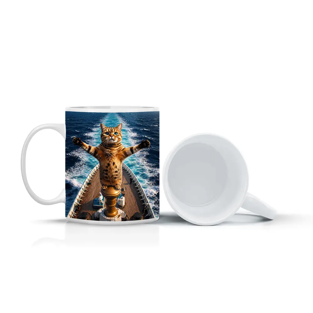 Bengal Cat Standing on Ship Bow Ocean – Mugs