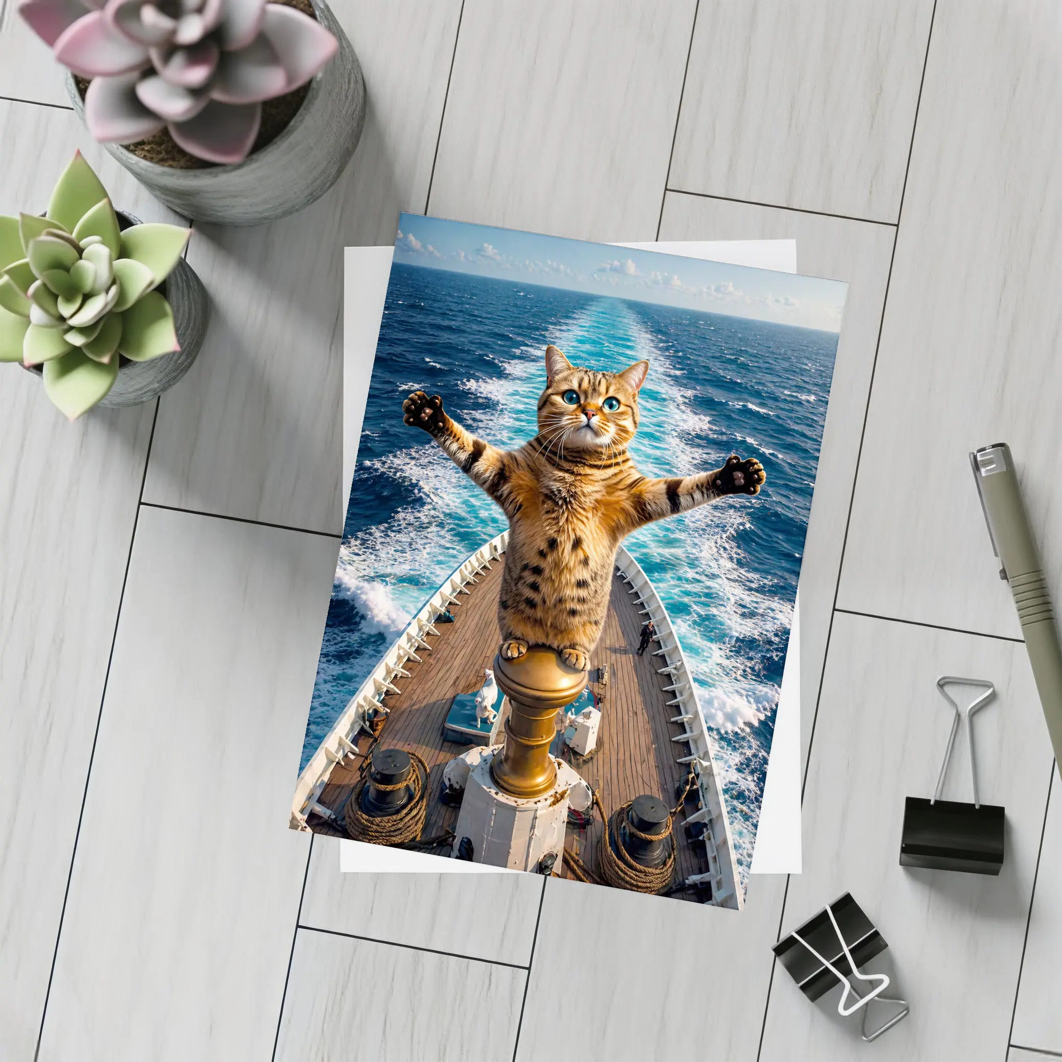 Bengal Cat Standing on Ship Bow Ocean – Postcards