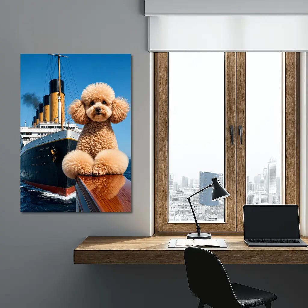 Poodle Dog Posing on Titanic Ship Bow – Wall Art