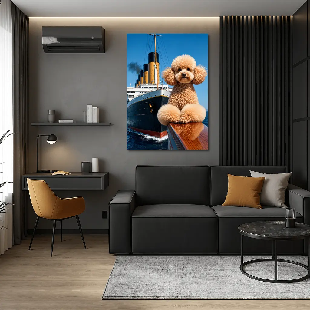 Poodle Dog Posing on Titanic Ship Bow – Wall Art
