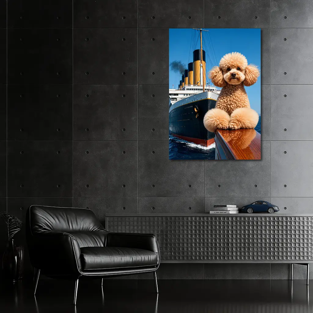 Poodle Dog Posing on Titanic Ship Bow – Wall Art