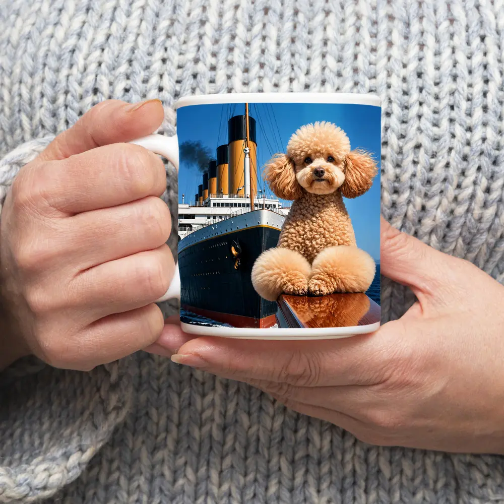 Poodle Dog Posing on Titanic Ship Bow – Mugs