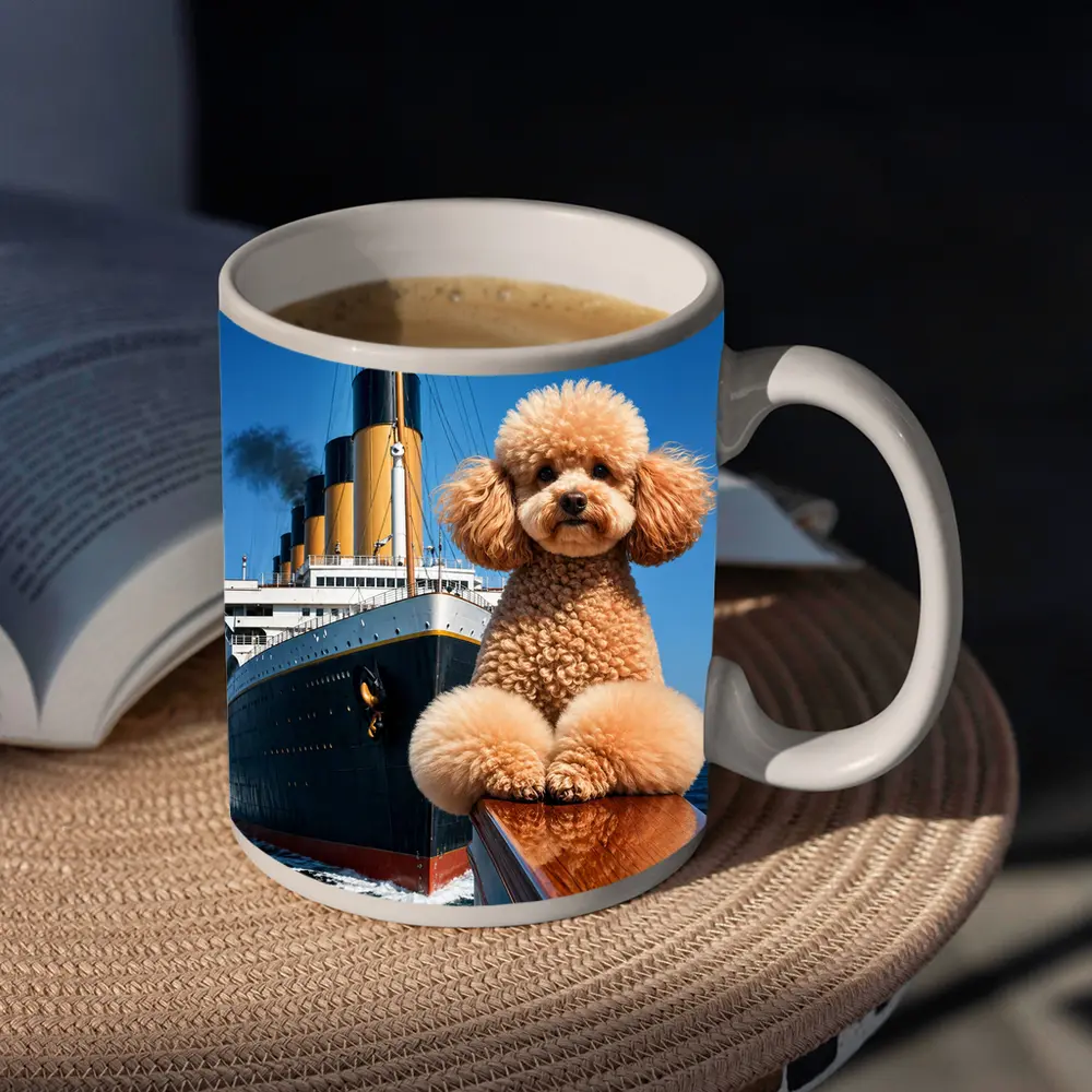 Poodle Dog Posing on Titanic Ship Bow – Mugs