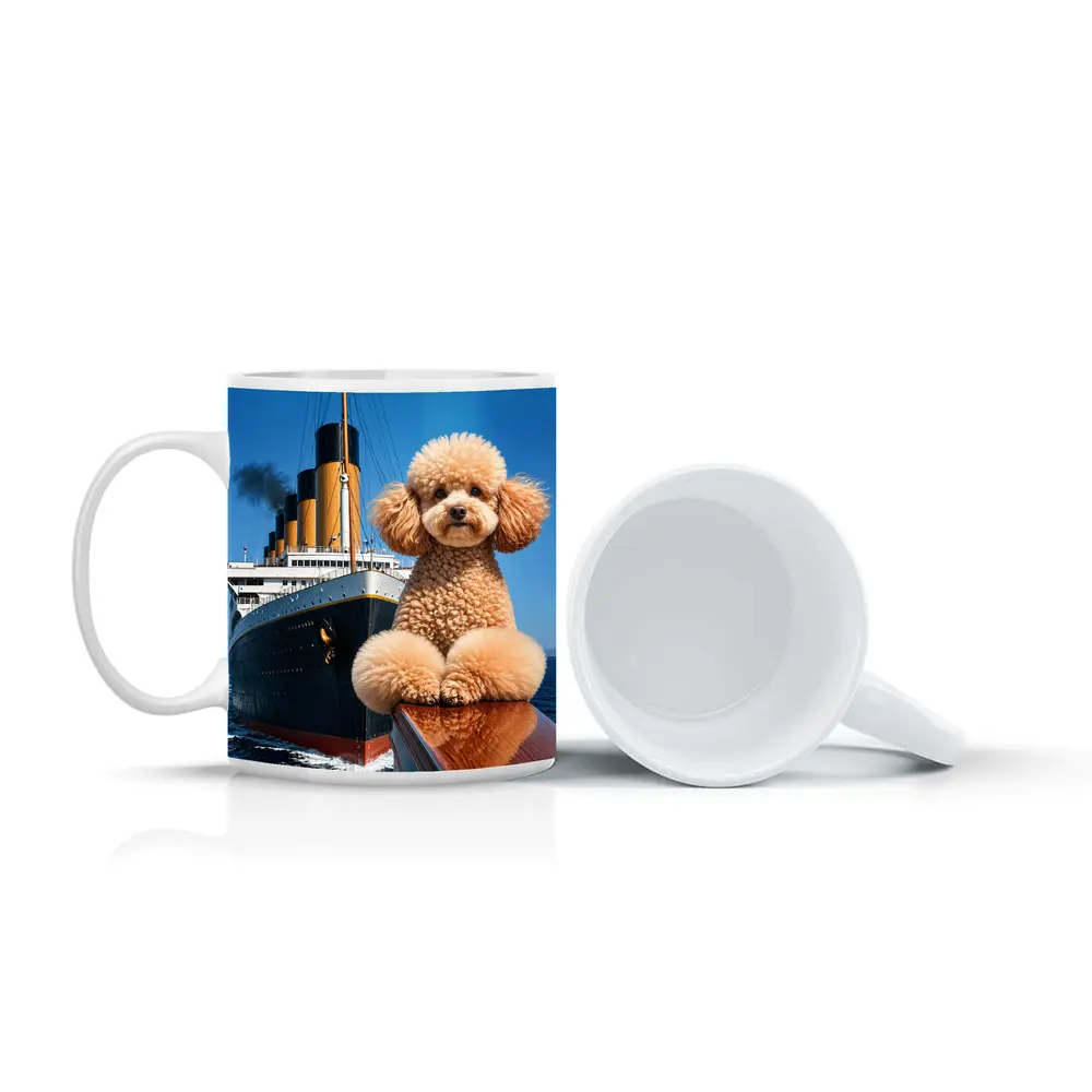 Poodle Dog Posing on Titanic Ship Bow – Mugs