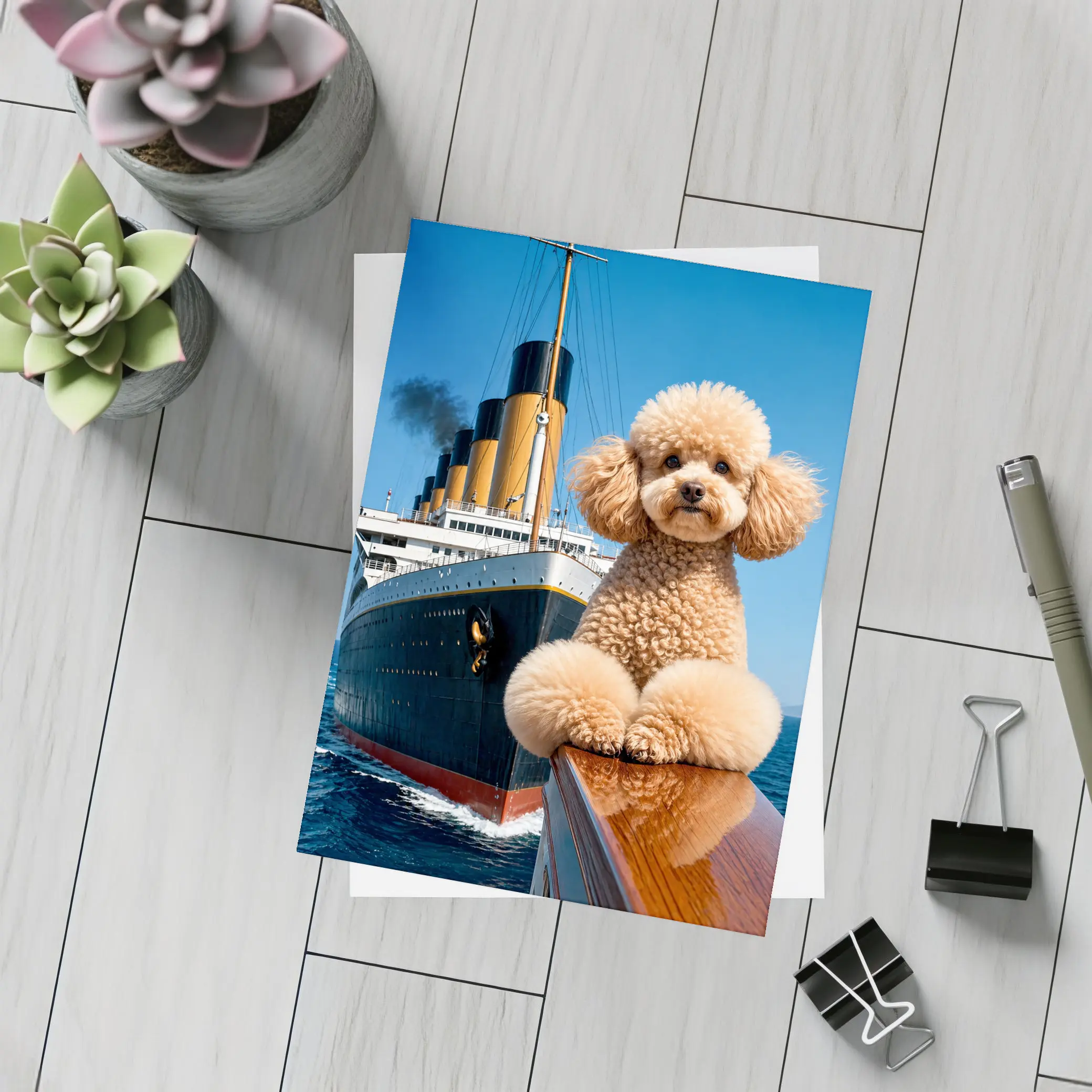 Poodle Dog Posing on Titanic Ship Bow – Postcards