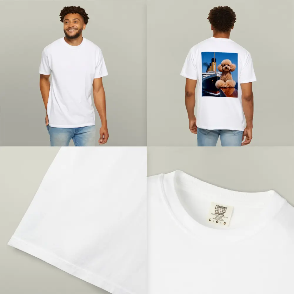 Poodle Dog Posing on Titanic Ship Bow – T-Shirts