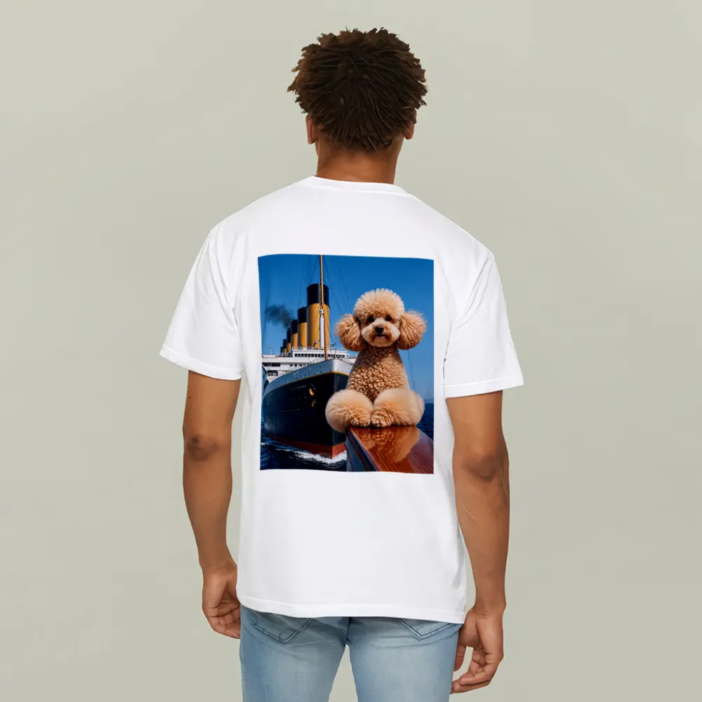 Poodle Dog Posing on Titanic Ship Bow – T-Shirts