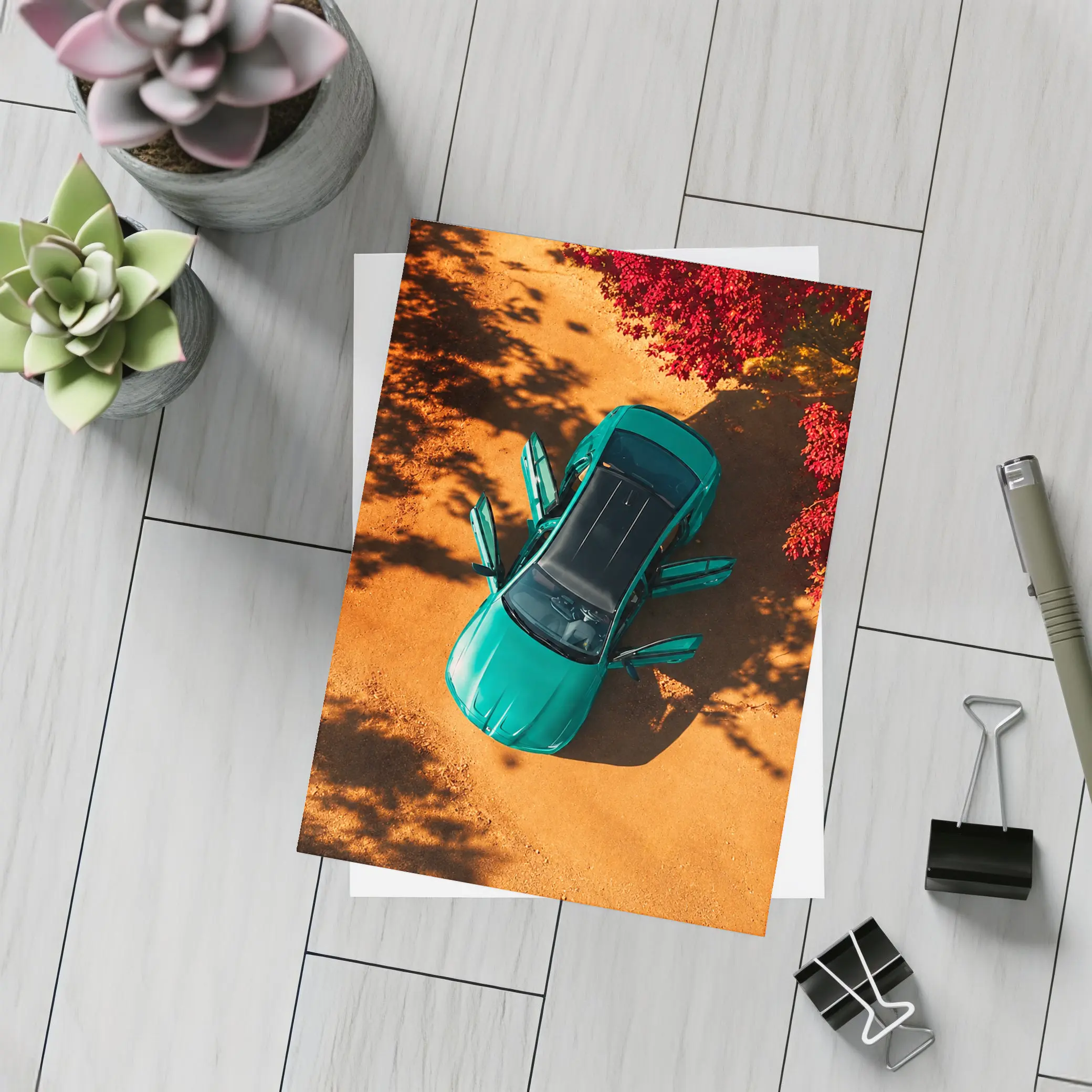 Green BMW M3 Aerial View Red Trees – Postcards